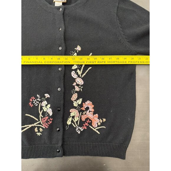 Vintage Heirloom Black Cottagecore Cotton Cardigan Floral Embroidered Sweater - Picture 9 of 10